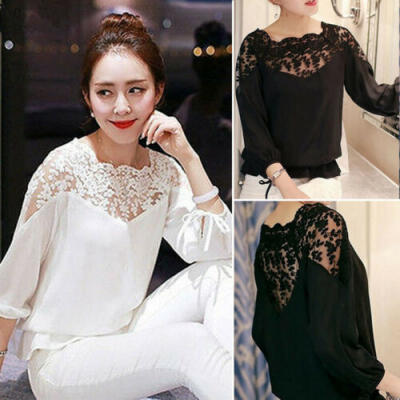 

Women Long Sleeve Tops Pullover Lace Up Casual Tunics Lace Crochet Blouse Tee