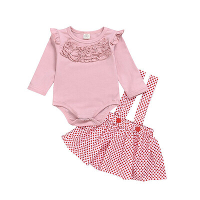 

Autumn Newborn Girls Sets Baby Long Flare Sleeve Romper Strap Heart Print Skirts Costume Sets 0-24M