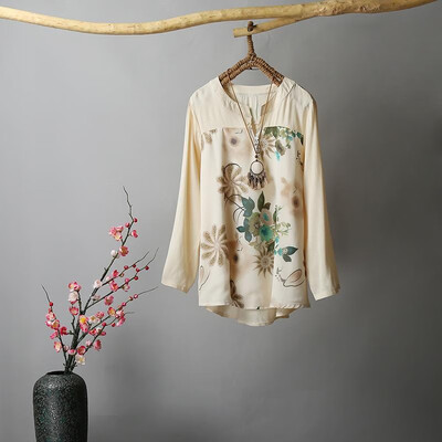 

Vintage Women Blouse Linen Colorful Floral Print V Necklne Buttons Low High Irregular Hemline Swing Tops