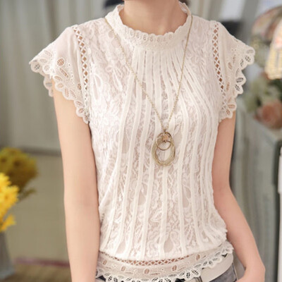 

ROPALIA Summer Women Blouses Fashion Solid Petal Sleeve Lace Chiffon O-neck Shirt Tops Drop Shipping