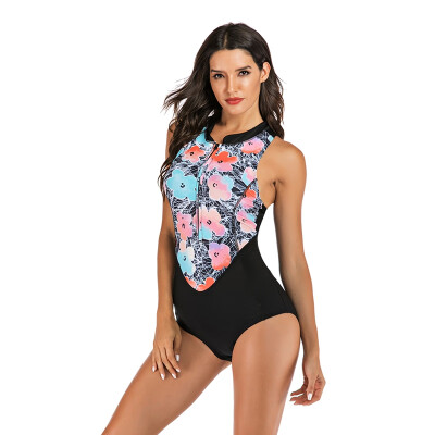 

2019 new one piece Swimsuit print vintage Swimwear sleeveless floral Bathing surf suit female Beaching wear