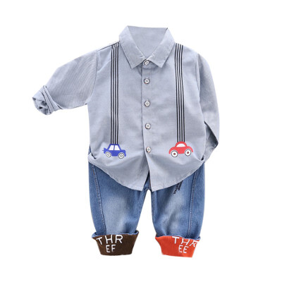 

Baby Boys Casual Long Sleeve Cartoon Car Print Blouse TopsDenim Pants Trouser Autumn Children 2pcs Costume Set