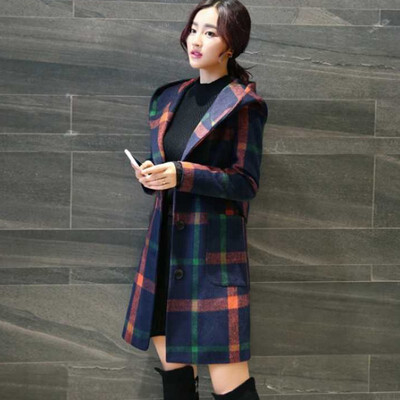 

New Women Korean Winter Overcoat Coat Loose Plus Size Jacket Long Sleeve Hooded Mid-long Plaid Outwear Femme Hiver Elegant