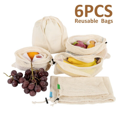 

6pcs Reusable Washable Drawstring Kitchen Gadget Fruit Grocery Bags Mesh Storage Pouch Vegetable Toys Pocket