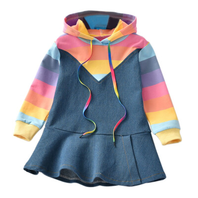 

Autumn Casual Baby Girls Long Sleeve Rainbow Striped Print Sweatshirt Denim Dress Kids Pageant Dresses