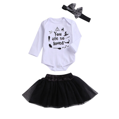 

Spring Autumn Set Casual Baby Girl Printing Rompers And Mesh Skirt And Headband Kids Three-piece Outfit