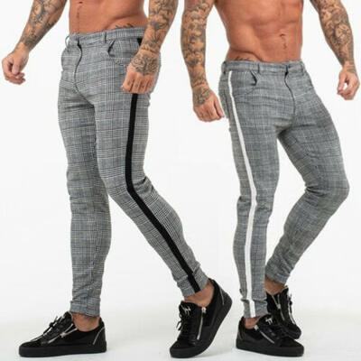 

Men Fashion Slim Fit Trouser Casual Tartan Lattice Striped Stretch Pencil Pants