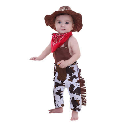 

0-24M 3pcs Baby Kids Boys Toddler Party Costume Cowboy HatBodysuitScarf Clothing Sets