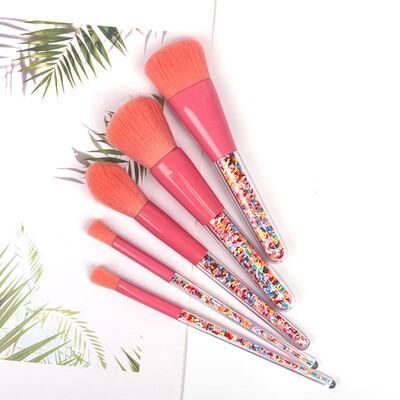 

New 5 Pieces Transparent Handle With Colored Plastic Granules Soft Portable Candy Makeup Brush Kits