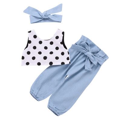 

baby girl outfit white vest black dot top light blue trousersblue bow-knot headband 3 PCS girl clothes for 1-6T