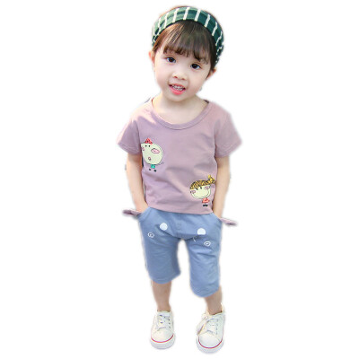 

Summer Cotton Children Baby Girls Set Casual Cartoon Print Pattern Short Sleeve Tops T-shirtShorts Suits Costume Set