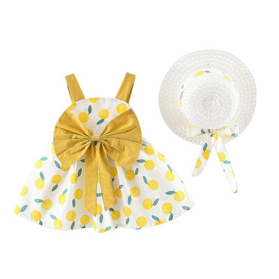 

Baby Girls Dress With Hat Toddler Fruit Pattern Sleeveless Strap Dresses Casual Sundress With Hat