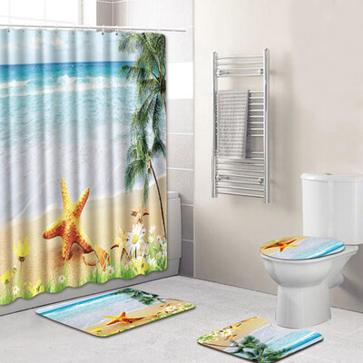 

Toponeto 4PCS Sea Style Non Slip Toilet Polyester Cover Mat Set Bathroom Shower Curtain