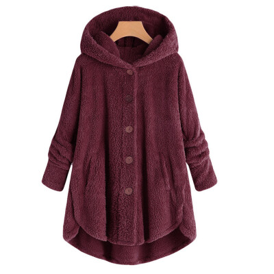 

Toponeto Women Plus Size Button Plush Tops Hooded Loose Cardigan Wool Coat Winter Jacket