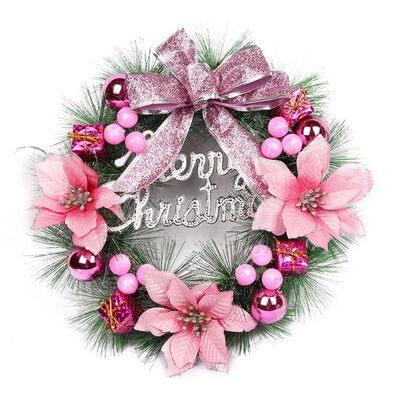 

40cm Christmas Wreath With Merry Christmas Sign Decorative Balls Poinsettia And Bowknot Holiday Front Door Wall Window