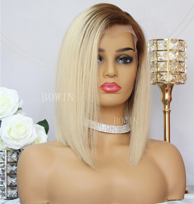 

BOWIN Lace Front Wig 4blonde Cambodian Human Hair Lace Wigs Bob Cut Straight with pre-plucked Hairline