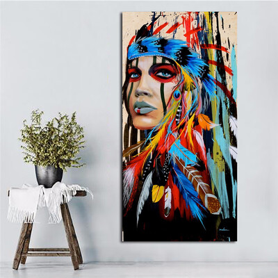 

Native American Indian Girl Feathered Canvas Painting For Living Room Wall Art Home Décor Unframe 40x80cm16x32"