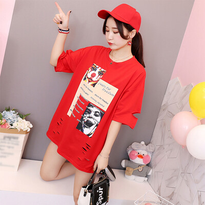 

JOY OF JOY Jingdong Womens 2019 Summer New Medium Long Loose Print T-Shirt Women JWTD191480 Red 2XL