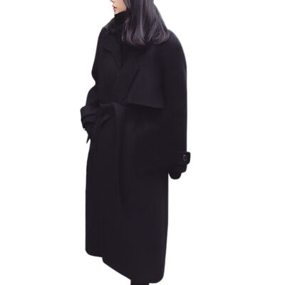 

Fashion Solid Black Long Sleeve Sashes Lapel Double-Sided Woolen Outwear Women Autumn Winter Warm Jacket Temperament Coat Female