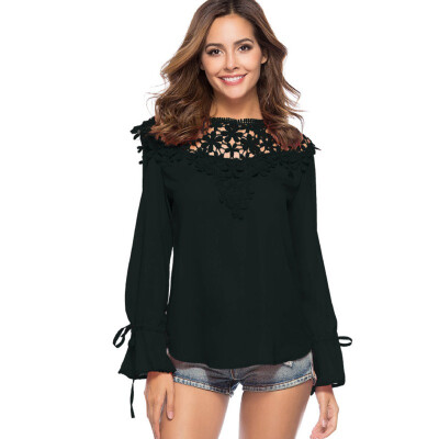 

ROPALIA Women Sexy Hollow Chiffon Blouse Tee Tops Fashion Ladies Lace Up Long Sleeve Shirt Casual Blusa Solid O-Neck Autumn Tops