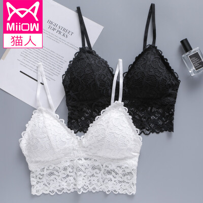 

Cat Man French Lace No Steel Ring Bra Thin Womens Sexy Beauty Back Underwear Womens Europe&America Small Breast Strap White