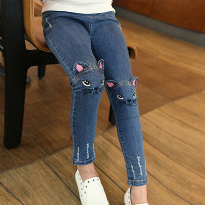 

Spring Childrens Jeans Girls Cartoon Cat Embroidery Slim Cowboy Pants