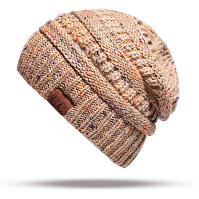 

Women Stretch Knitted Beanie Hat Slouchy Mixed Color Hole Messy Bun High Ponytail Cool Winter Warm Cap
