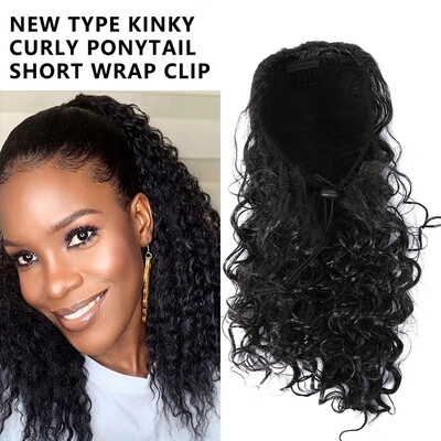 

Womens Fashion African American Drawstring Puff Afro Kinky Curly Ponytail Short Wrap Clip In Synthetic Ponytail Hair Extensions