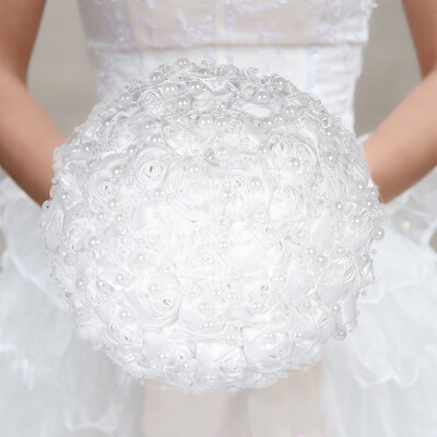 

18cm Handmade Wedding Artificial Pearls Bridal Bouquet Satin Rose Flower for Bride Wedding Supplies--White