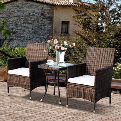 

3 Piece Rattan Outdoor Cushioned Bistro Table&Chairs Set - Brown