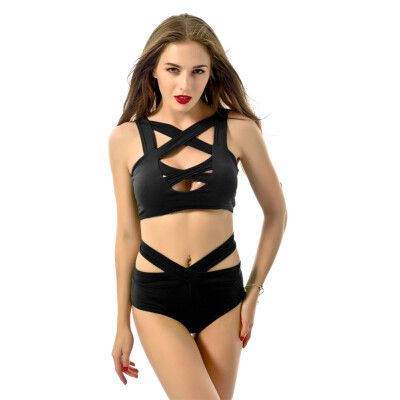 

Sexy Women Bikini Set Swimsuit Cut Out Deep V-Neck High Waist Bandage Two Piece Swimwear Bathing Suit