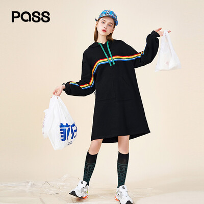 

PASS2019 spring new long-sleeved black sweater dress female loose student color striped tie drawstring hooded shirt tide black