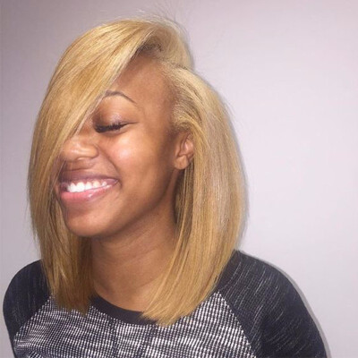 

Honey Blonde Color 27 Short Bob Cut Lace Front Wig Straight Peruvian Human Hair Glueless Lace Frontal Wig Blunt Cut Pre-Plucked