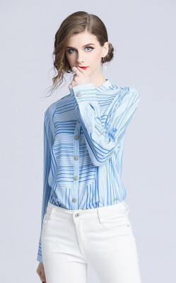 

S M L XL XXL elegant new autumn 2018 women blouse shirt long sleeve blue striped print office top lady
