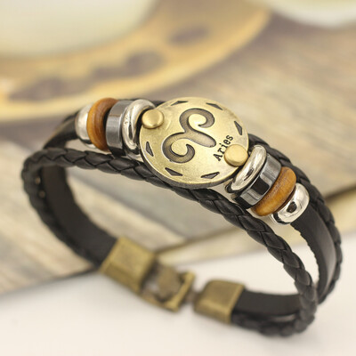 

12 Constellations Bracelet Fashion Jewelry Leather Bracelet Men Casual Personality Zodiac Signs Punk Bracelet