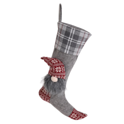 

Christmas Santa Stocking Xmas Tree Hanging Sock Plaid Pattern Gift Holder Bag with Santa Doll Ornament Christmas Home Decoration