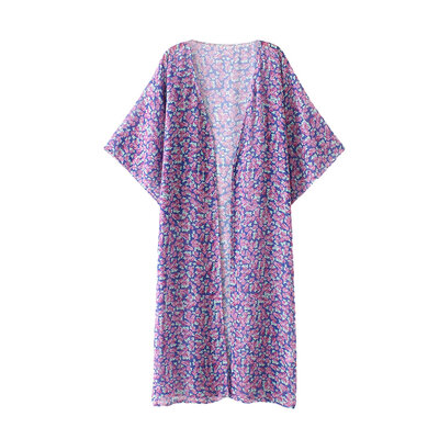 

Women Vintage Flower Print Chiffon Blouse Shirt Loose Kimono Cardigan Beach Cover Up Outerwear Purple