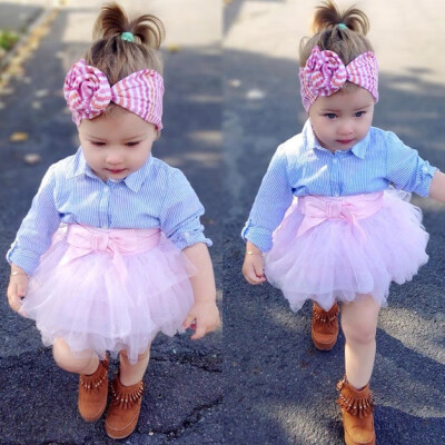 

Willstar Cute Baby Girls Shirt Bow Skirt Suits Mesh Skirt Sets with Bow Headband