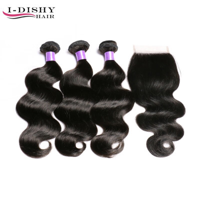 

i-Dishy Brazilian Hair Body Wave Lace Frontal Closure With Bundles 4 Pcs Virgin Human Hair 3 Bundles With 1 Closure Natural Color