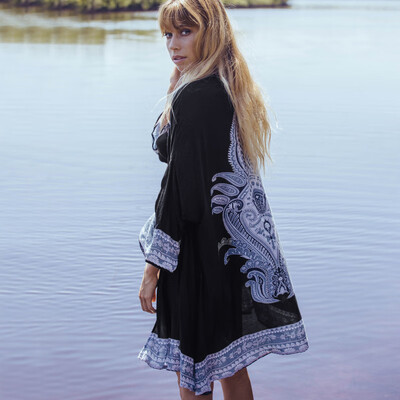 

Women Summer Long Chiffon Cardigan Kimono Positioning Printing Beach Cover Up Bikini Outwear KhakiBlackPink