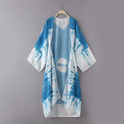 

New Women Chiffon Kimono Cardigan Beach Cover Up Contrast Print Long Loose Casual Blouse Top WhiteBlueYellow