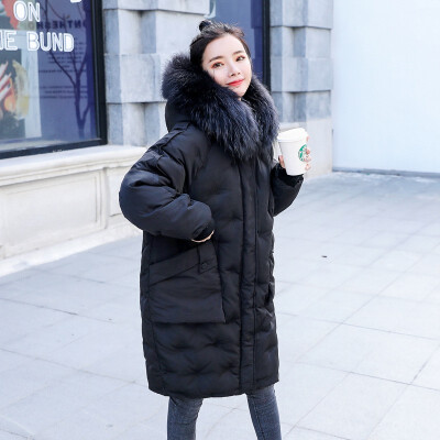 

Winter big fur collar down jacket women 2018 new loose slimming cotton jacket letter embroidery long coat 90293