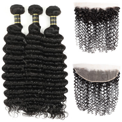 

Amazing Star Deep Wave Brazilian Virgin Hair Bundles with Frontal Human Hair with Crochet Frontal Closure Free Part