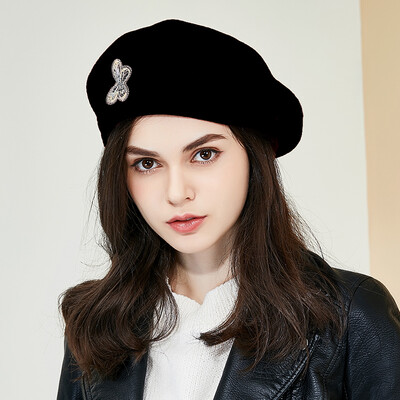 

Lan Shiyu M0542 beret female autumn&winter Korean version of the tide fashion college wind wild painter hat wool embroidery hat black