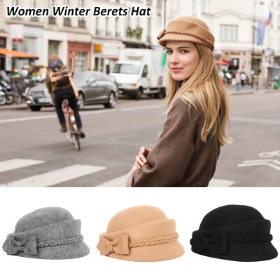 

Bow-Knot Beret Dome Pure Color Wool Felt Material Women Winter Berets Hat