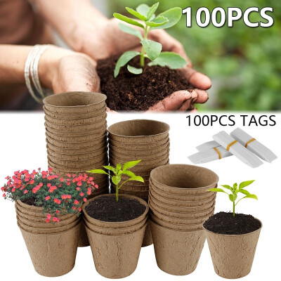 

100 Pcs 8cm Biodegradable Fibre Seed Pots for Seedling with 100 Pcs Plastic Plant Labels