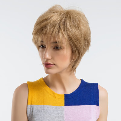 

"BLONDE UNICORN 8 Inch Pixie Cut Human HairSynthetic Blend Wigs With Bangs Fluffy Multi-layers Hair Straight Wigs For Women