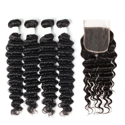 

Allove Brazilian Human Hair Weave Remy Hair Deep Wave 4pcs Bundles with Lace Closure Virgin Cheap Hair Extensions
