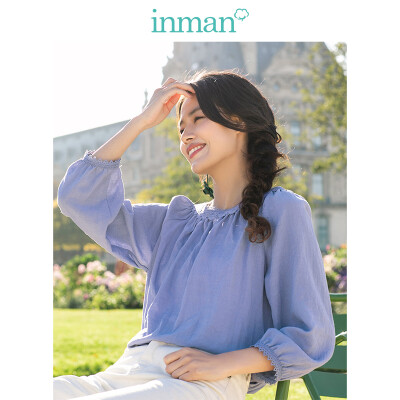

INMAN 2019 spring new round neck literary retro holiday wind casual wild thin long-sleeved shirt shirt female 1891011064 gray blue S