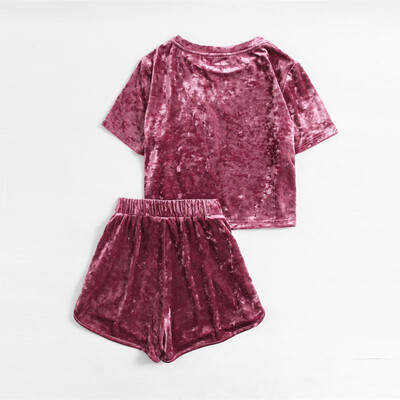 

SHEIN Women Two Piece Outfits Purple Short Sleeve Pocket Front Crushed Velvet Top&Bow Shorts Set Women Sets Clothes